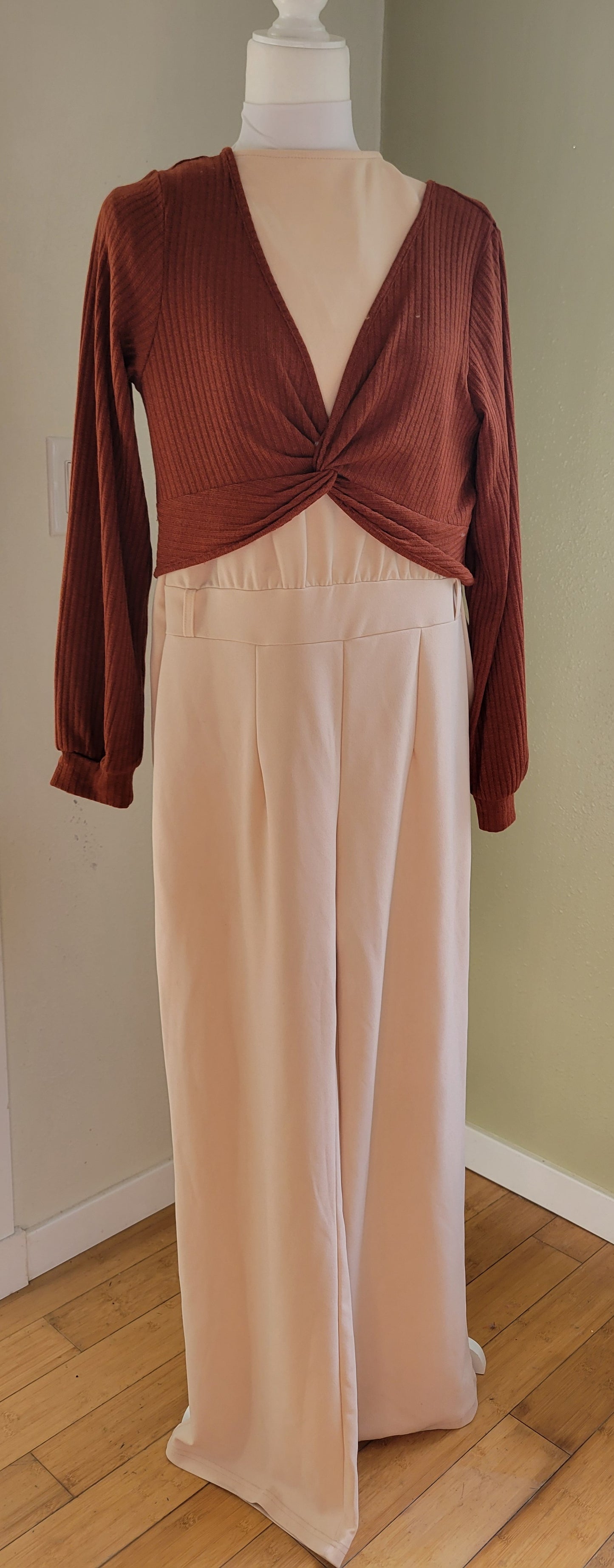 Rose-Beige Long-Sleeve Jumpsuit
