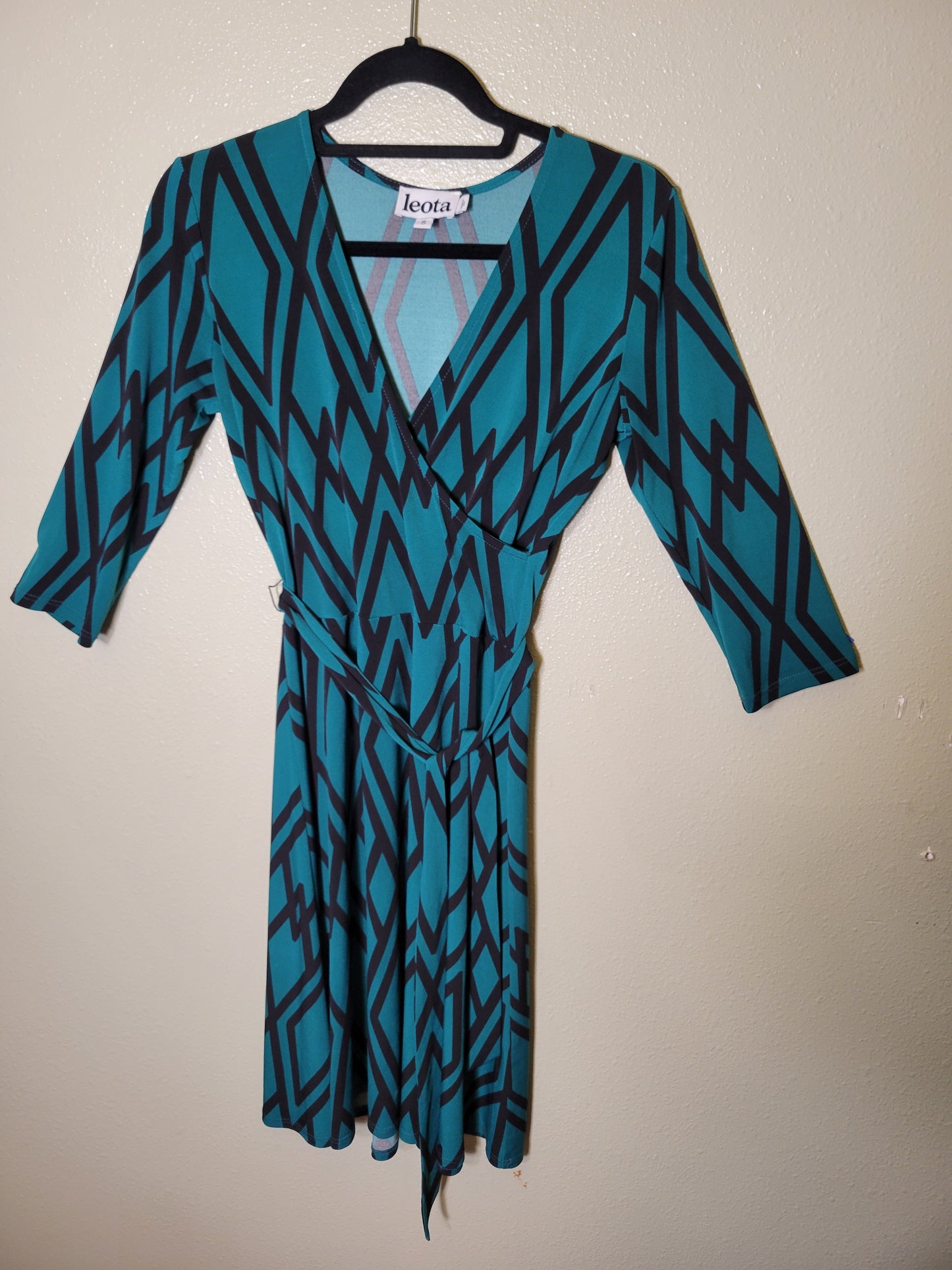 Teal & Black Geometric Faux Wrap Dress