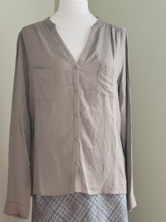 Soft Taupe Button-Front Blouse