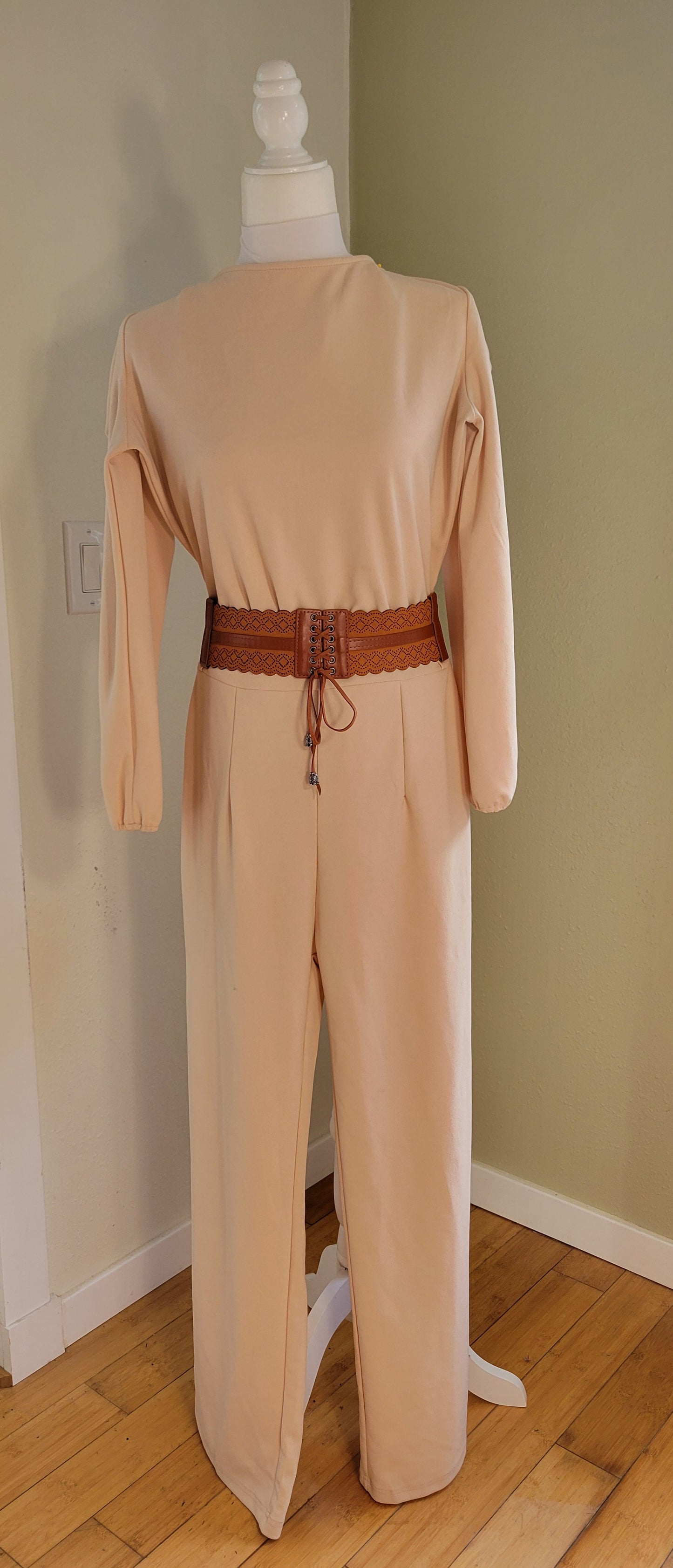 Rose-Beige Long-Sleeve Jumpsuit