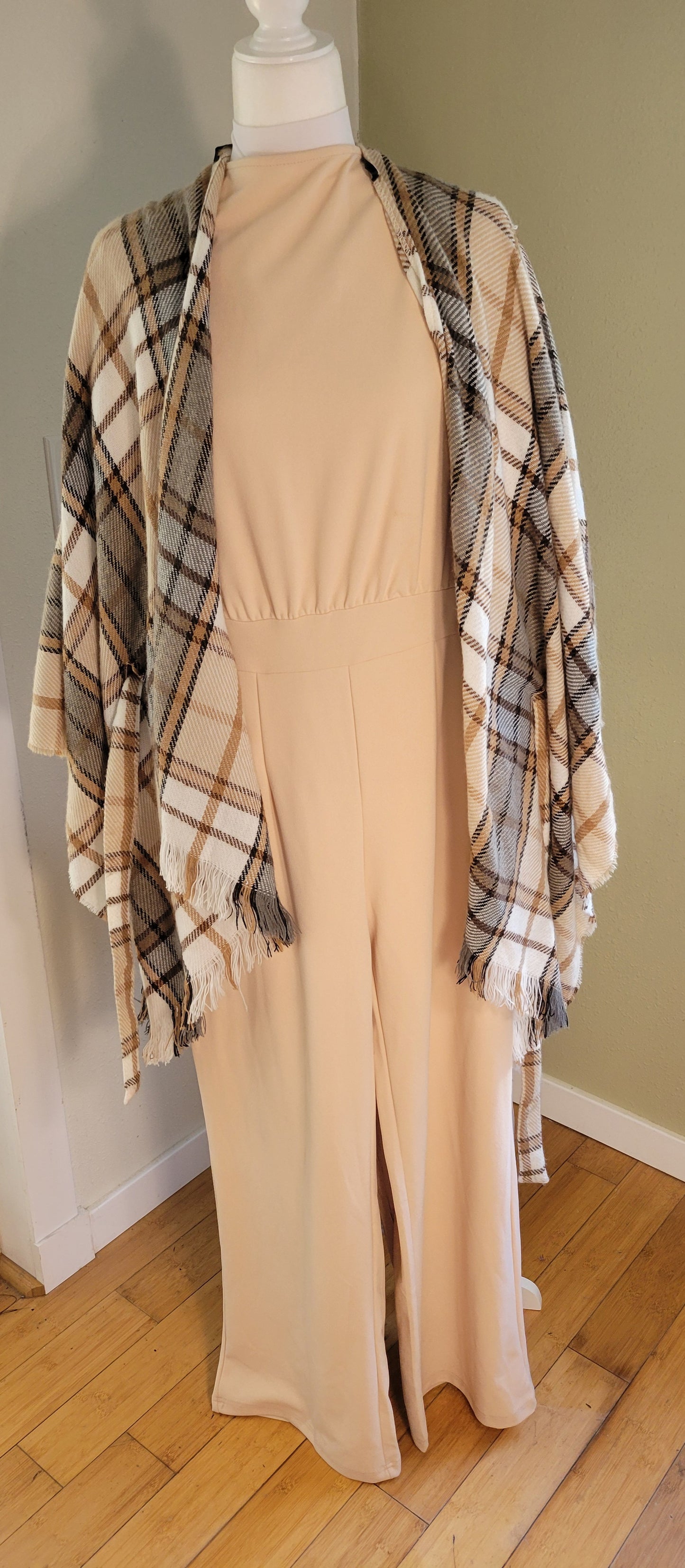 Rose-Beige Long-Sleeve Jumpsuit