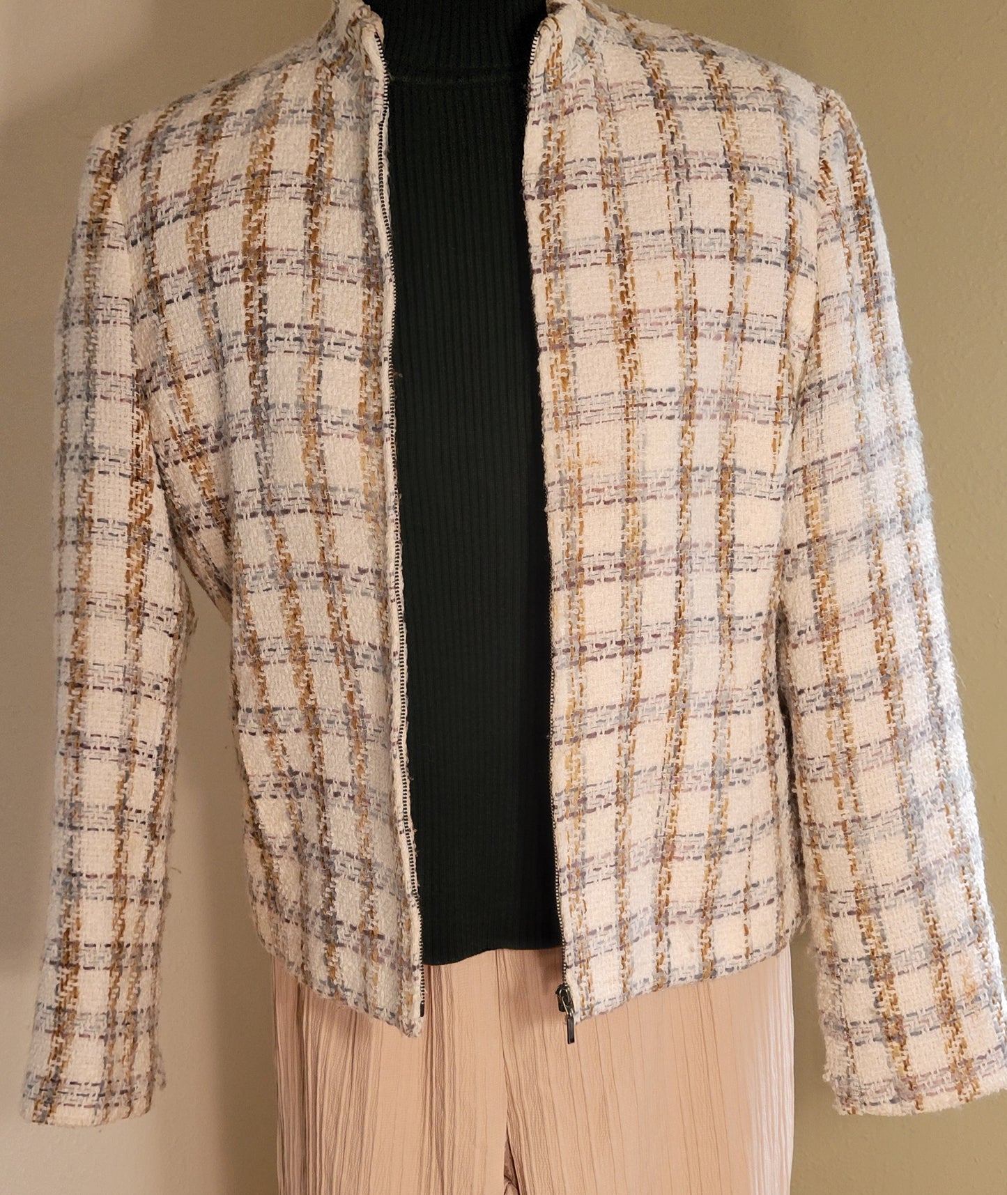 Cream Lattice Soft-Tweed Zip Jacket