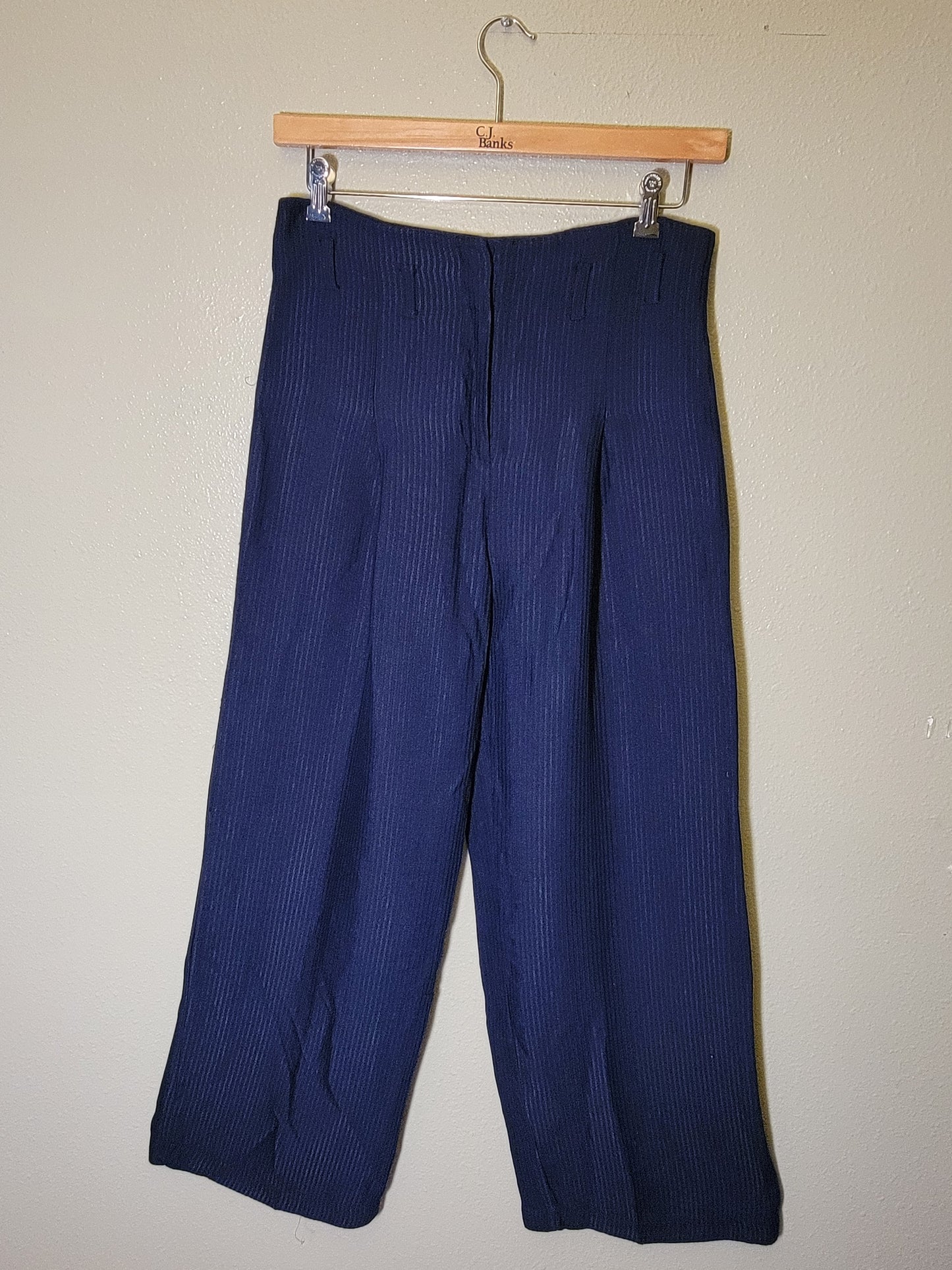 Navy Wide-Leg Pinstripe Trousers