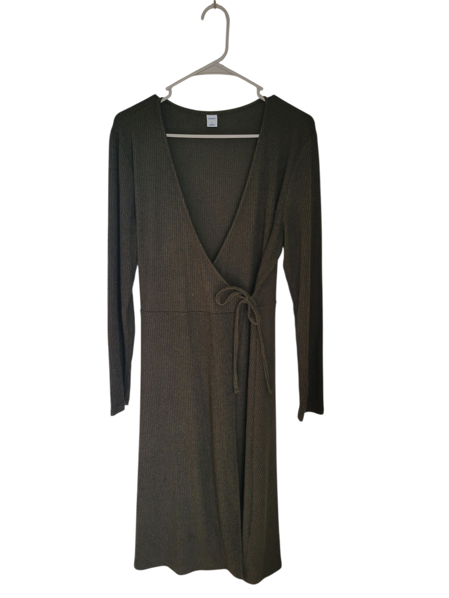 Olive Ribbed Knit Wrap Dress