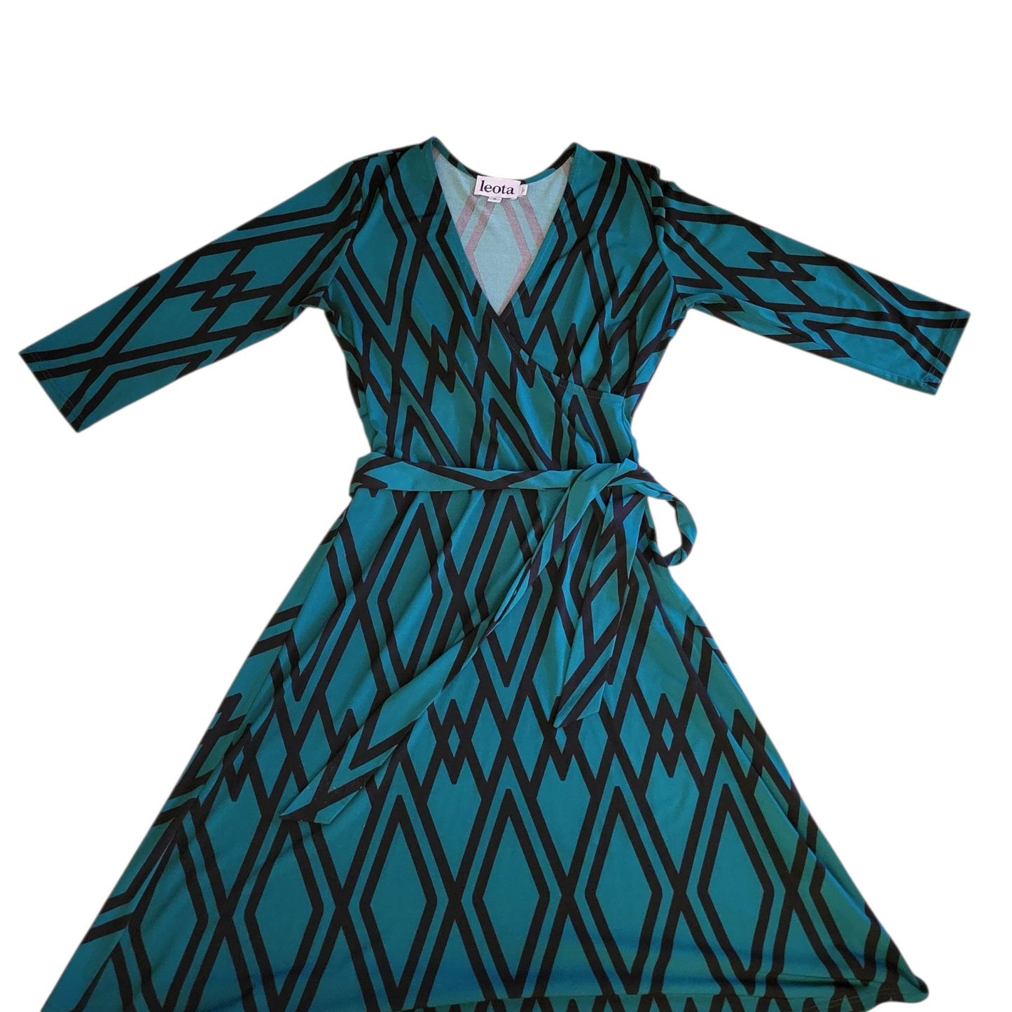 Teal & Black Geometric Faux Wrap Dress